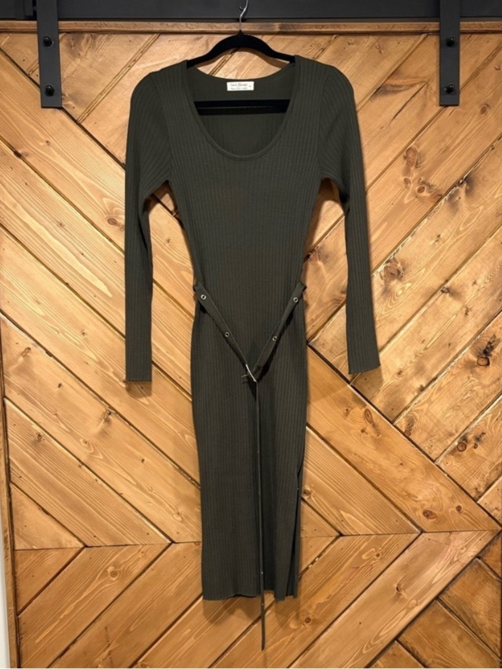 Long Sleeve Olive Ribbed Midi Dress with Waist Belt Large/Medium